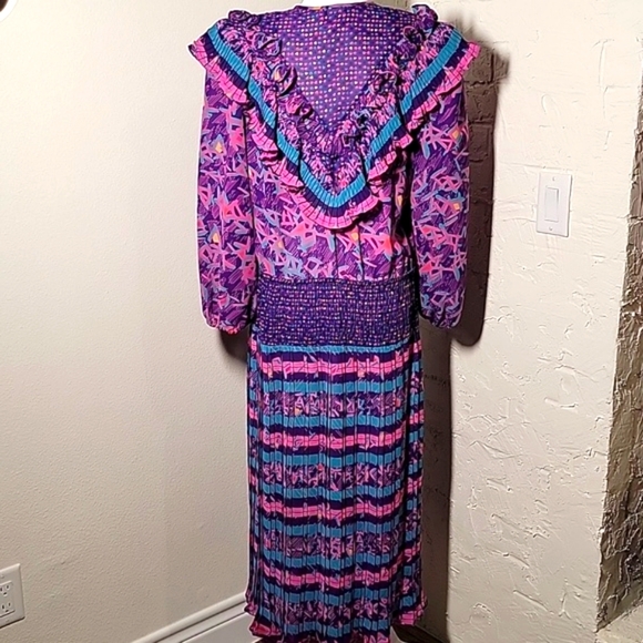 VTG Assorti Susan Freis Dress Maxi Long-sleeve Ruffles USA Colorful Multicolor M - Picture 5 of 16